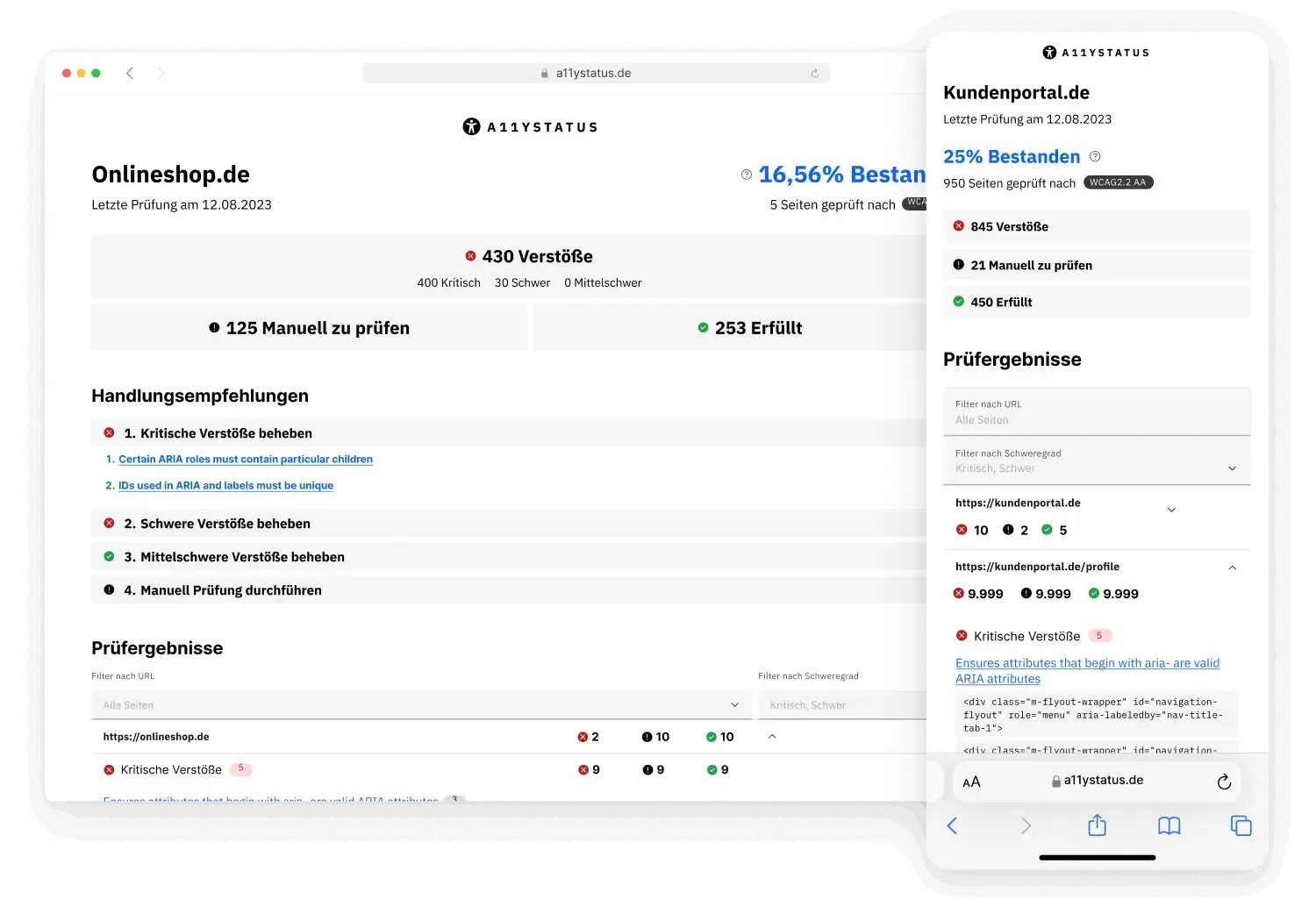 Benutzeroberfläche vom "A11YPLAN" Prüfbericht, welcher die Bestehensquote, den Verstößen und erfüllten Anforderungen anzeigt.