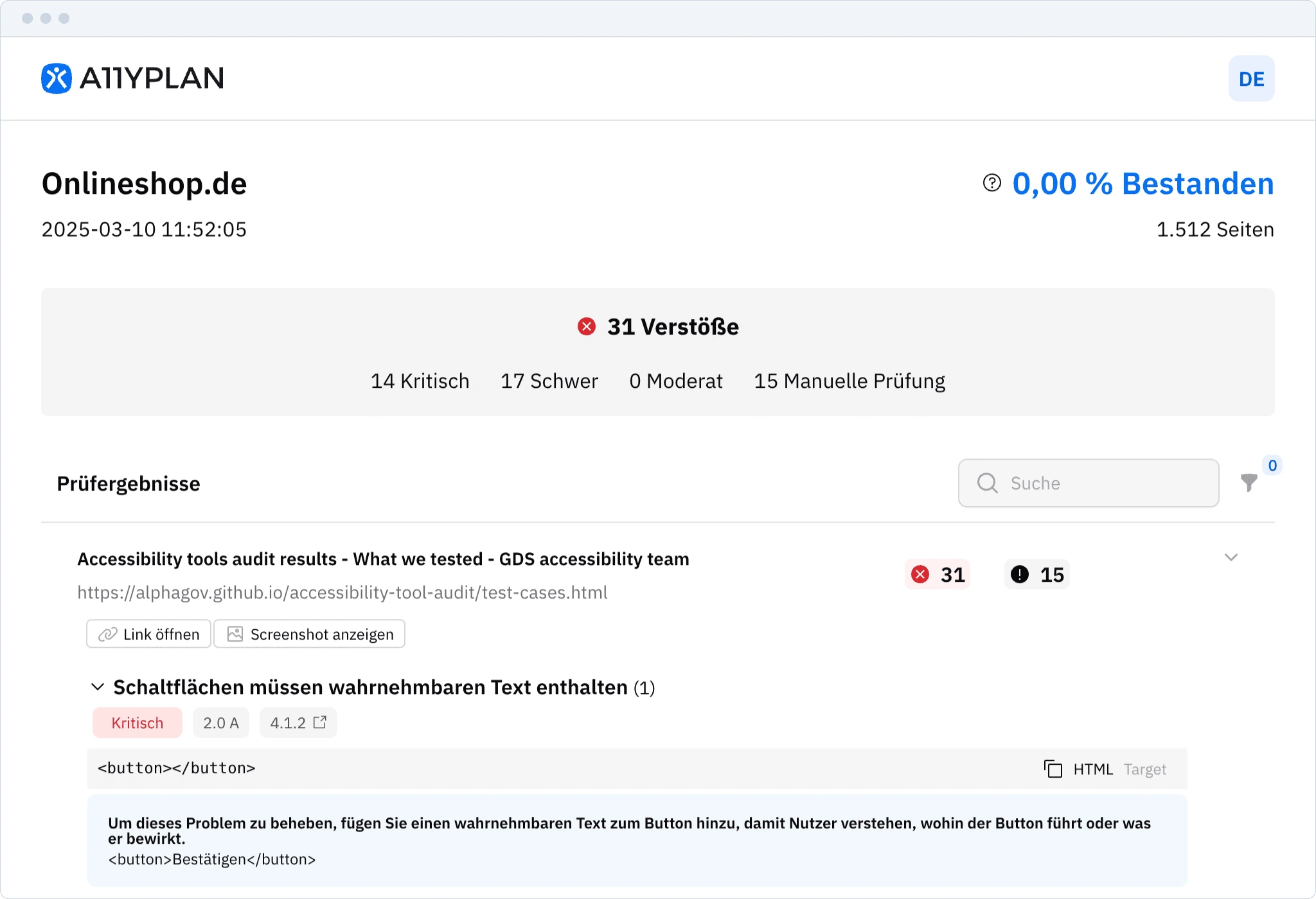 Screenshot der detaillierten Berichte