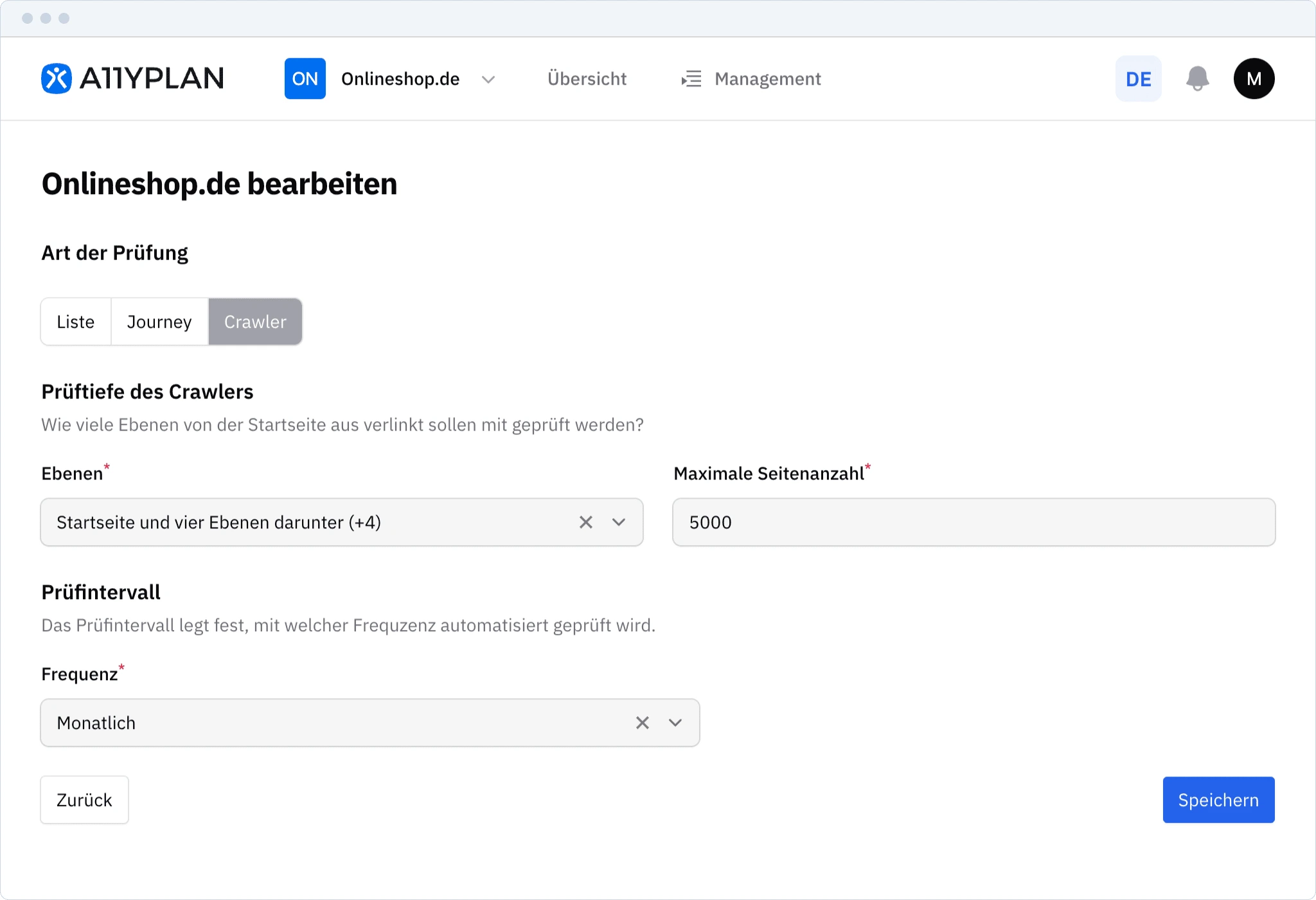 Screenshot der A11YPLAN Monitoring-Funktion: Intelligente Crawler-Konfiguration mit flexiblen Prüfebenen, automatisierten Zeitplänen und skalierbarer Seitenerfassung bis 5000 Seiten - für lückenlose Barrierefreiheitsprüfung im Hintergrund.
